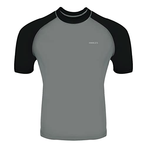Mens UV Protection Rash Guard Swim Shirts Short Sleeve Moisture Wicking Tee Shirts Workout Swimwear Tops Grey/Black-L