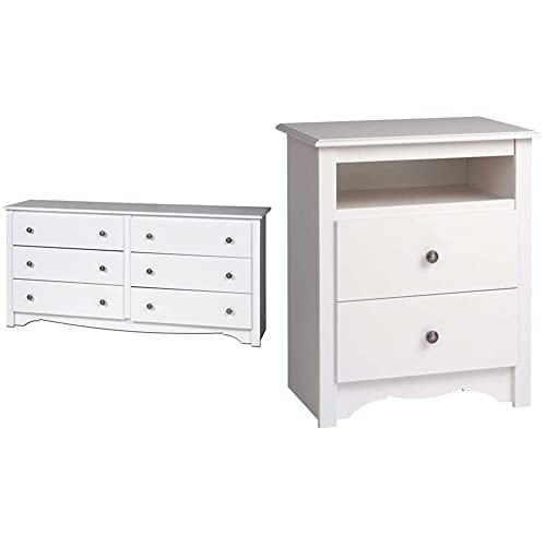 Sonoma 6 Drawer Double Dresser for Bedroom, White & Sonoma Nightstand with Open Shelf, White