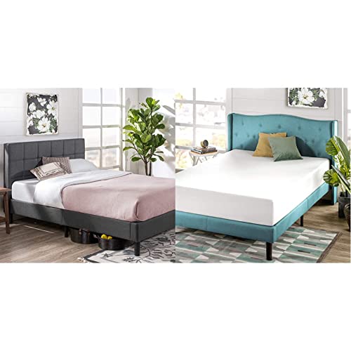 ZINUS Lottie Upholstered Platform Bed Frame, Grey, Twin & 10 Inch Green Tea Memory Foam Mattress / CertiPUR-US Certified / Bed-in-a-Box / Pressure Relieving, Twin
