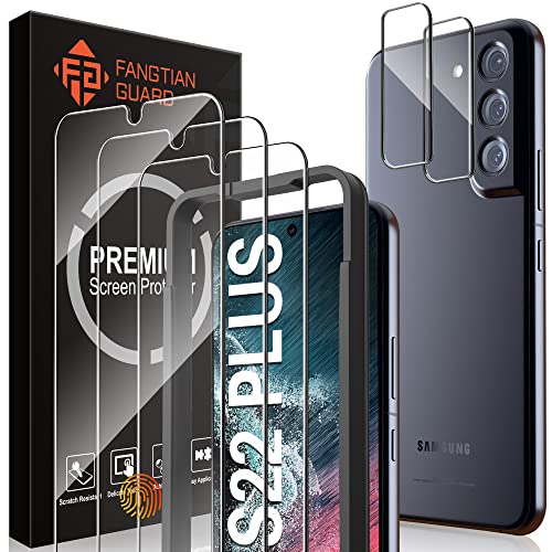 [3+2 Pack] Screen Protector for Samsung Galaxy S22 Plus/S22+Plus 5G, Tempered Glass Galaxy S22 Plus Screen Protector + 2 Pack Camera Lens Protector -[Fingerprint Unlock][Easy Installation Frame]