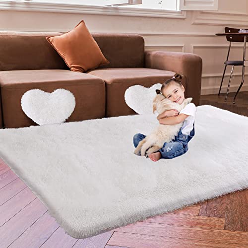 Teochow White Fluffy Rug for Bedroom, Shaggy Area Rugs 5×7 for Living Room, Plush Shag Rug for Girls Kids Room Nursery Cute Home Decor, Dorm Large Furry Rug, Ultra Soft Fuzzy Indoor Floor Carpet