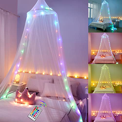 Akiky Bed Canopy with Lights,Princess Girls Canopy Bed Netting with Color Changing Led String Lights Remote Timer for Kids ,Girls Room Decor(White)