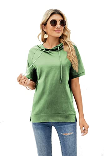 Deweey Womens Short Sleeve Hoodie Casual Sweatshirt Outdoor Top O Neck Solid T Shirt Blouse (X-Large, Army Green)