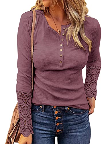 Ribbed Long Sleeve Shirts for Women V Neck Button Down Pullover Sweatshirts Red XL