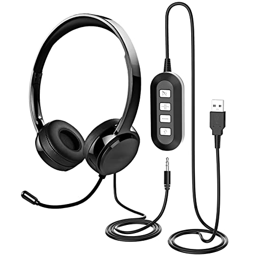 USB Headset with Microphone for PC Laptop, 3.5mm Headphone with Microphone Noise Canceling&Volume Control, Computer Headset with Mute&Sidetone for VoIP Skype MS Teams Online Conference Class