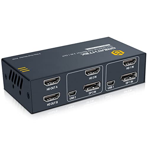 KVM Switch, Displayport & HDMI 2-Port Dual Monitor Switcher for 2 Computers Share 2 Monitors and 4 USB 2.0 Devices, UHD 4K@60Hz, 2 in 2 Out with One Button to Switch