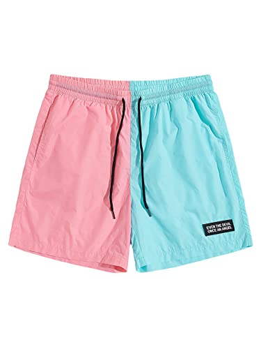 Romwe Men’s Colorblock Shorts Drawstring Elastic Waist Workout Track Shorts with Pockets Pink Blue S