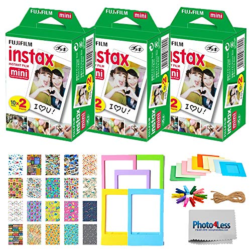 Fujifilm Instax Mini Twin Pack Instant Film (60 Exposures) + Travel Stickers + 5 Colored Frames + Hanging Frames + Cleaning Cloth