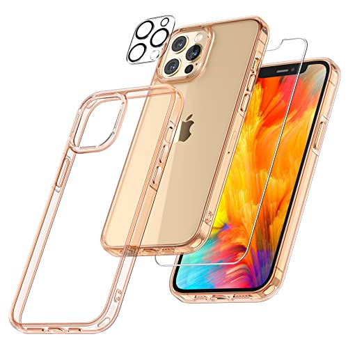 TAURI [3 in 1] Designed for iPhone 12 Pro Max Case 6.7 Inch, with 2 Tempered Glass Screen Protectors + 2 Camera Lens Protectors, Non-Yellowing, Shockproof Clear Slim Cover, Military Grade Protection