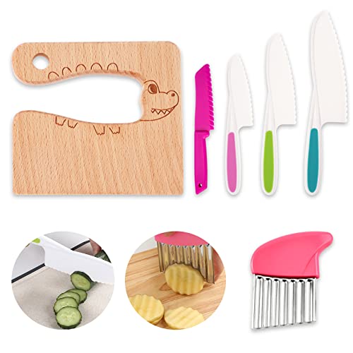 6 Pieces Wooden Kids Knifes for Real Cooking Include Toddler Knife Potato Slicers, Wood Kids Safe Knives Plastic Cooking Kitchen Tools Serrated Edges for Kids Kitchen (Crocodile)