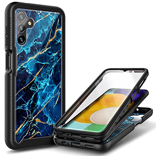 NZND Case for Samsung Galaxy A13 5G with [Built-in Screen Protector], Full-Body Protective Shockproof Rugged Bumper Cover, Impact Resist Durable Phone Case (Marble Design Sapphire)