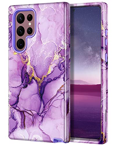 Lamcase for Samsung Galaxy S22 Ultra 5G Case, Crystal Clear Glitter Sparkly Bling Heavy Duty Shockproof Hybrid Three Layer Protective Cover for Samsung Galaxy S22 Ultra, Purple Marble