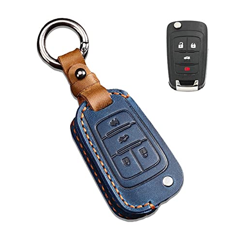 JanneChou Genuine Leather Key Fob Case Cover for Chevrolet Chevy Buick GMC 4 Buttons Blue