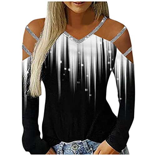Echoollly Women’s Fashion Long Sleeve Tops Cold Shoulder T-Shirt Floral Print V Neck Polluver Tops Sexy Blouses for Women, leather jacket women, B-white, Large