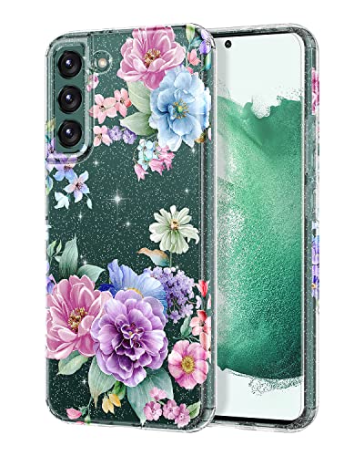 Lamcase for Samsung Galaxy S22 5G Case, Floral Crystal Clear Bling Sparkly Glitter Shiny Slim Fit Hard PC Drop Protection Shockproof Women Girls Cover for Samsung Galaxy S22 (6.1 inch), Pink Flower