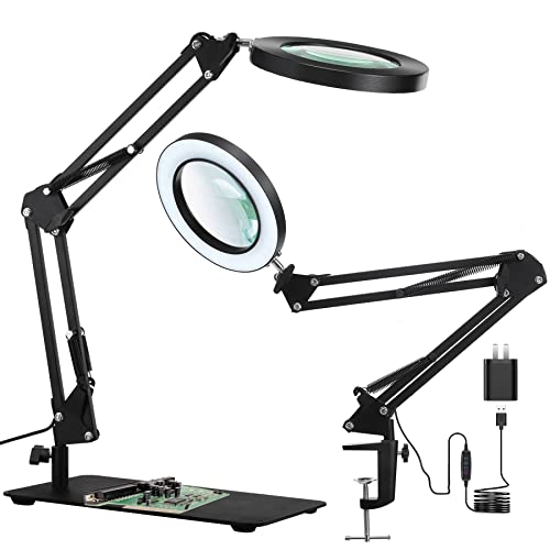 5X Magnifying Glass with Light and Stand, KIRKAS 2-in-1 Stepless Dimmable and 3 Color Modes LED Magnifying Lamp, 8-Diopter Real Glass Magnifier Desk Lamp & Clamp for Reading, Repair, Hobby, Close Work