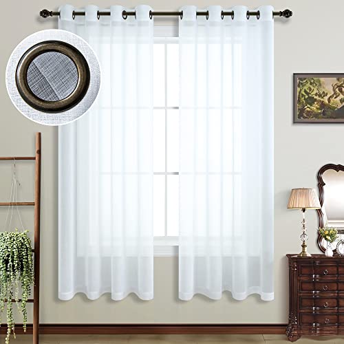 KOUFALL 63 Inch Length Sheer White Window Curtains Bedroom 2 Panels Bronze Grommet Linen Textured Semi Privacy Curtain Living Room Dining Room Bay Window