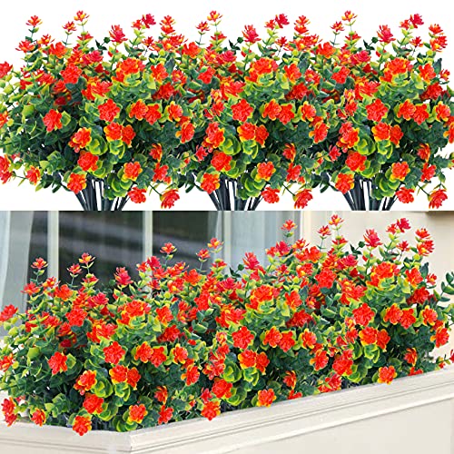 6 Pcs Artificial Flowers, Outdoor UV Resistant Fake Plants Faux Greenery Shrubs Plastic Flowers for Indoor Outside Home Kitchen Porch Window Box Garden Farmhouse Wedding Office Decor (Orange Red)