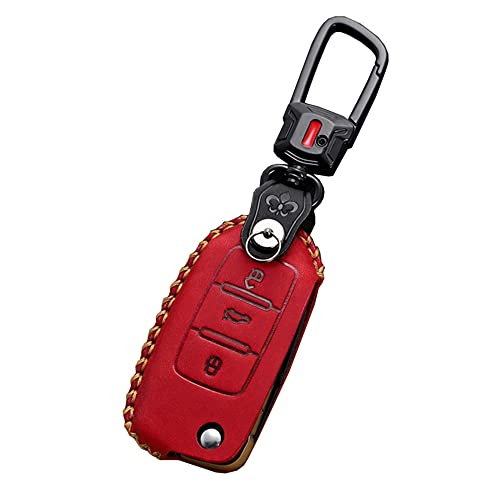 ontto Fit for VW Flip Key Fob Cover Leather Full Protection Key Holder for Volkswagen Jetta Tiguan GTI Passat Golf Touareg Beetle Red(Type A)