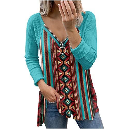 Women Long Sleeve Ethnic V-Neck Zipper T-Shirts Casual Retro Aztec Print Tops Western Shirts for Lady