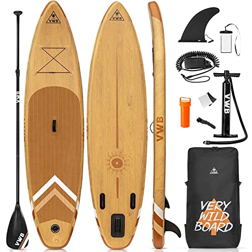 VWB Inflatable Stand Up Paddle Board (11’×33″×6″) with SUP Board Accessories & Backpack Non-Slip Deck Waterproof Bag Adjustable Paddle Leash Caudal Fin Repair Kit for Youth & Adult Yellow&Brown