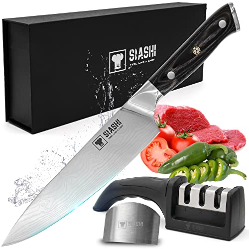 SLASHI 8 Inch Professional Chef’s Knife Set – Sharp Kitchen Knife with Anti Rust Titanium Coating – Stainless Steel Body – Ergonomic Handle – 3 Piece Set with 8” Knife, Sharpener & Finger Guard