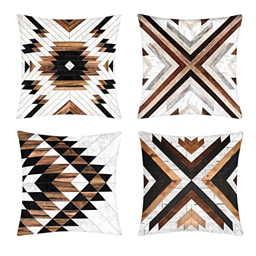 Tribal Aztec Throw Pillow Covers Western Wooden Accent Decorative Pillow Covers Set of 4 Rustic Geometric Farmhouse Square Pillowcase Home Decor for Patio,Sofa,Couch,Bed 18×18 inches