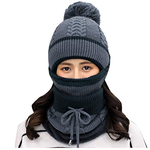 Adult Windproof Hat Cycling Skiing Knit Hat Scarf Mask Sets Warm Elasticity Knitted Cap Pompom Fleece Lining Scarves