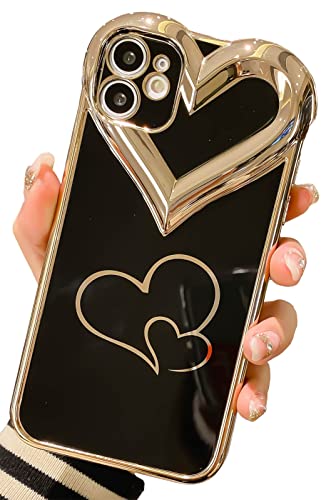 KERZZIL Cute Compatible with iPhone 12 Case for Women Girls,Glitter Aesthetics Plating Case, Elegant 3D Love Heart Camera Protective Electroplated Slim Thin Soft TPU Phone Cases Cover(Black)