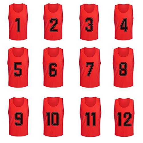 Saaifuu Set of 12 (1-12) Numbered Pinnies/Scrimmage Vest/Team Practice Jerseys for Children Youth Adult(Red XL)