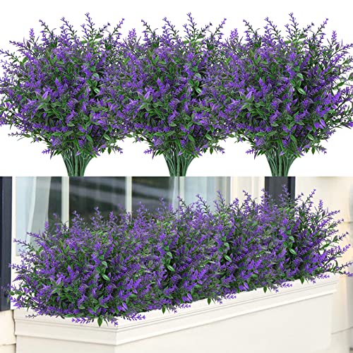 GREENRAIN 24 Bundles Artificial Lavender Flowers Outdoor Fake Flowers for Decoration UV Resistant No Fade Faux Plastic Plants Garden Porch Window Box Décor (Purple)