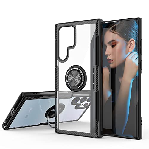Galaxy S22 Ultra Case, Carbon Fiber Design Crystal Clear Cover with Rotation Ring Kickstand [Work with Magnetic Car Mount] for Samsung Galaxy S22 Ultra (Black)