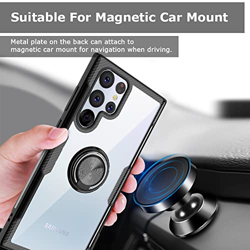 Galaxy S22 Ultra Case, Carbon Fiber Design Crystal Clear Cover with Rotation Ring Kickstand [Work with Magnetic Car Mount] for Samsung Galaxy S22 Ultra (Black) | The Storepaperoomates Retail Market - Fast Affordable Shopping