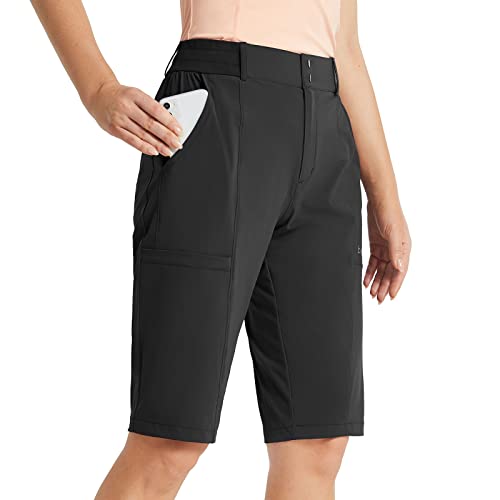 BALEAF Long Shorts for Women Bermuda Shorts for Summer Knee Length 13″ Hiking Golf Quick Dry High Waist Stretch Black L