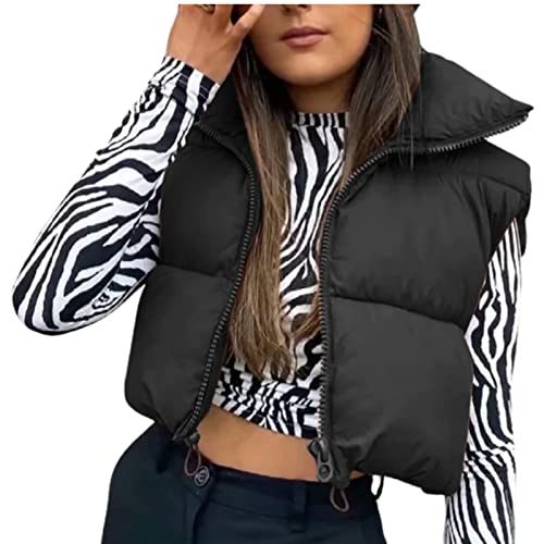 Women’s Winter Short Vest Lightweight Sleeveless Warm Outerwear Retro Puffer Vest Padded Coat (Black , Large )