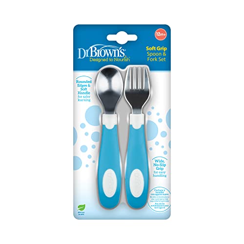 Dr. Brown’s Designed to Nourish Soft-Grip Spoon and Fork Set, Blue & White