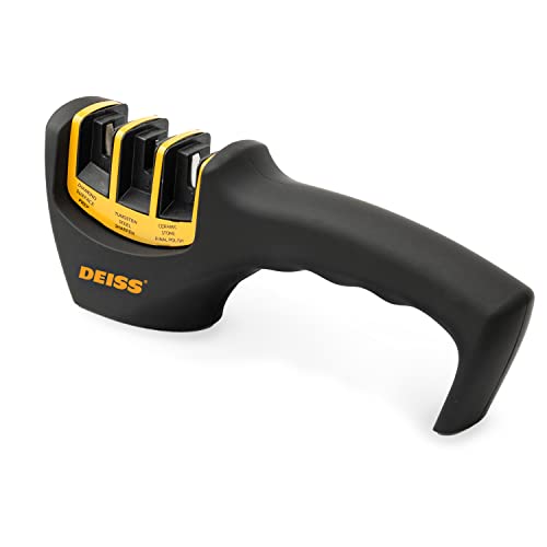 Deiss PRO 3-Stage Kitchen and Pocket Knife Sharpener – Professional Grade Knife Blade Sharpener for Cooking, Hunting and Ceramic Knives – Safely Restore and Polish Sharp Edges on Dull Chef Knives