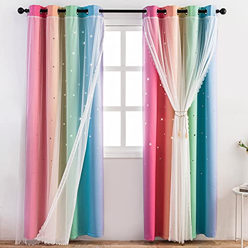 Reepow Rainbow Kids Blackout Curtains for Boys Girls Bedroom Playroom, Tulle Overlay Star Cut Out Curtains with Stainless Steel Gromment Top – 52″ x 63″ x 2 Panels