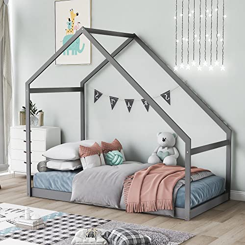 Harper & Bright Designs House Bed Twin Kids Bed Frame with Roof, Box Spring Needed, for Toddlers, Kids, Teens, Girls, Boys (Gray)