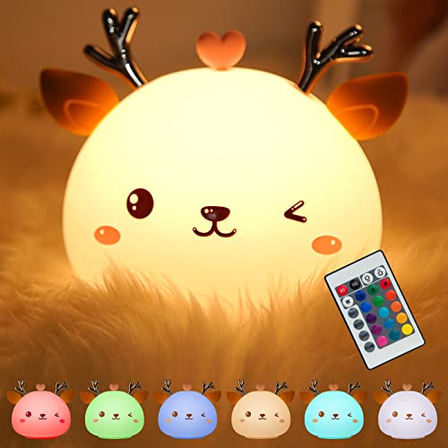 wynwww Night Light for Kids, Cute Deer Silicone Night Lights, Color Changing Kids Night Lamp with Remote Control , Baby Nursery Lamp for Bedroom Room Decor Boys Girls Toddler Teens Birthday Gifts