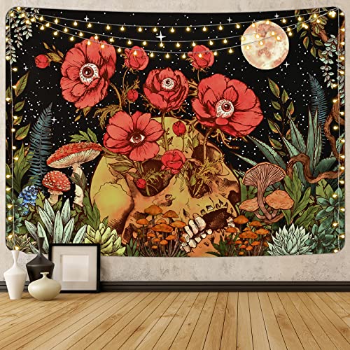 Uspring Skull Floral Tapestry Flowers Skeleton Tapestry Moon Garden Tapestry Mushroom Plants Tapestry Trippy Vintage Tapestry Wall Hanging for Room (59.1 × 82.7 inches)
