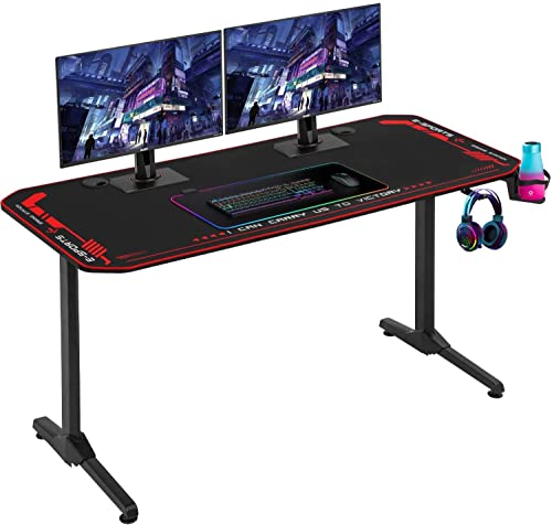 Computer Gaming Desk 55 inches Gamer PC Workstation Headphone Hook Cup Holder Socket Rack Mouse Pad, Gaming Table Adjustable Feet, Black, 55inchD x 24inchW x 30inchH (55in large gaming desk)