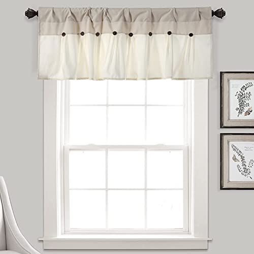 Estmy Modern Farmhouse Button Valances for Windows Khaki and Cream French Country Shabby Chic Cotton Linen Cottagecore Kitchen Curtain Valances for Living Room Bedroom Bathroom, 18’’L x 52’’W