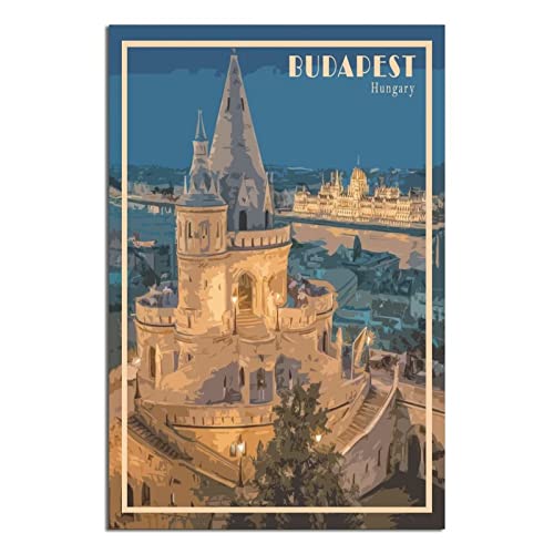 FGHE Budapest Hungary Vintage Travel Poster Castle City Night View Wall Decor Painting Posters Modern Office Decorative Posters Canvas Art Poster Picture 12x18inchs(30x45cm)