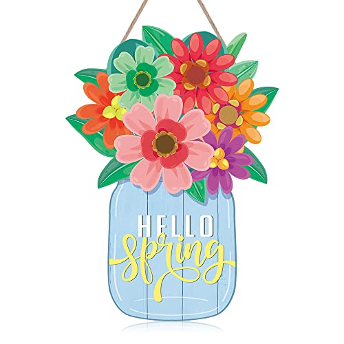 TOARTi Colorful Flower Hello Spring Front Door Sign Plaque(7”x9.8”), Elegant Floral Pattern Wall Hanging Welcome Spring Sign, Outdoor Rustic Wooden Door Hanger Decorative Farmhouse Porch Garden Cafe