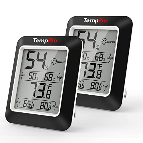 TempPro A50-2 Hygrometer Indoor Thermometer Humidity Sensor with Air Comfort Indicator, 2 Pack Humidity Meter Room Thermometer for Home Basement Greenhouse Temperature Sensor, Black