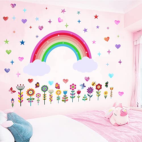 Joyduo 3 Sheets Rainbow Wall Decals Large Watercolor Rainbow Wall Stickers Rainbow Star Heart Flower Wall Stickers for Girls Bedroom Nursery Wall Decor, 90 x 30 cm