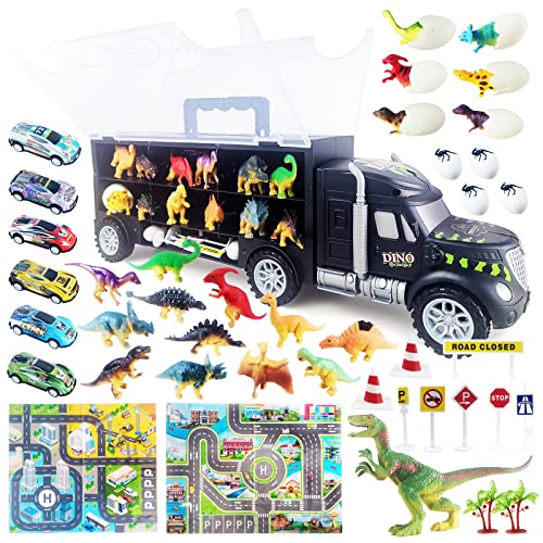 Keocoigy 42 in 1 Dinosaur Play Truck Toy Car Transporter Carrier Set Include Dinosaur Figures & Mini Eggs Racing Cars with Play Maps, Road Signs, Trees for Boys Girls Kids 4, 5, 6, 7 Years Old