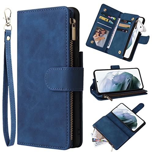 ZZXX Samsung Galaxy S22+ Plus Case Wallet with Card Slot Premium Soft PU Leather Zipper Flip Folio with Wrist Strap Kickstand Protective for Samsung S22+ Plus Wallet Case(Blue-6.6 inch)
