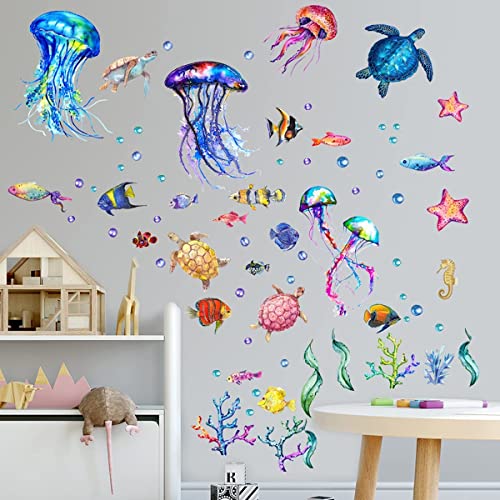 HUAJIE Ocean Fish Wall Decals, Under The Sea Wall Decals Sea Life Animals Wall Stickers Waterproof Removable Peel and Sticks for Kids Bedroom Bathroom Living Room, Multi